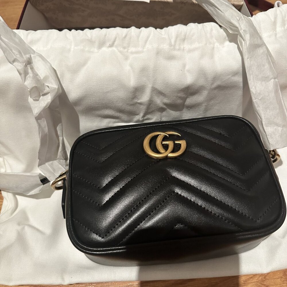 NIB Gucci Marmont Mini Camera Bag Black Leather Crossbody Gold - Picture 9 of 12
